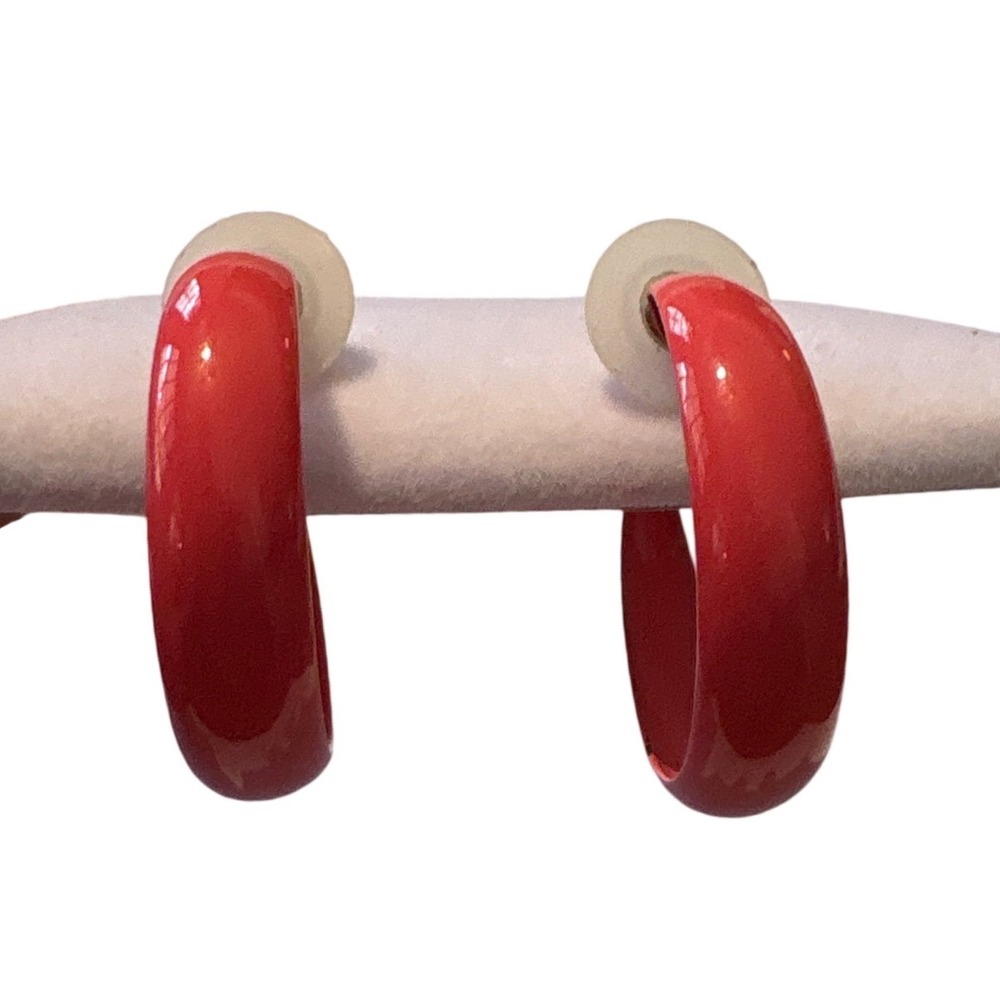1980s Pink Enamel C-Hoop‎ Post Back Earrings Glossy Bold Minimalist 1 Inch